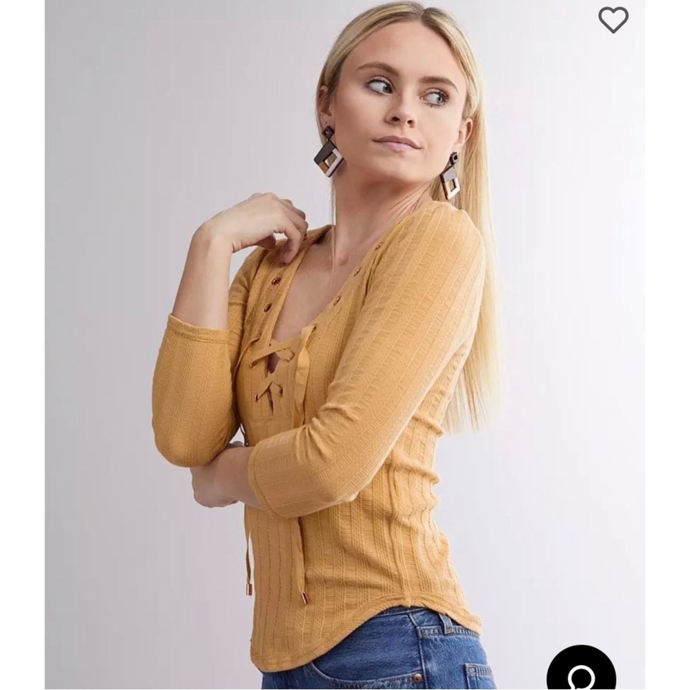 FREE PEOPLE Boho 70s Western Ice Cold Ribbed Lace Up Top Size S - Picture 2 of 9